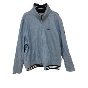 Tommy Hilfiger Mens Jacket 2XL Blue Chambray Full Zip Mock‎ Neck Cotton Linen